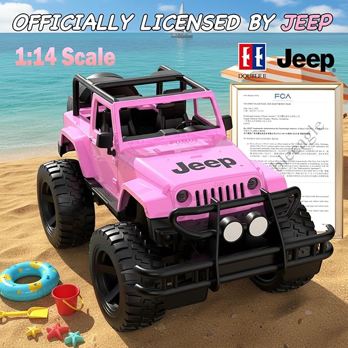 DOUBLE E Jeep Licensed 1:14 Scale Pink Remote Control Car for Girls with 2*DIY Stickers Open-top Design RC Jeep 80Min Play 2.4Ghz Off Road RC Trucks with LED Lights Birthday/Xmas Gifts for Girls 6+