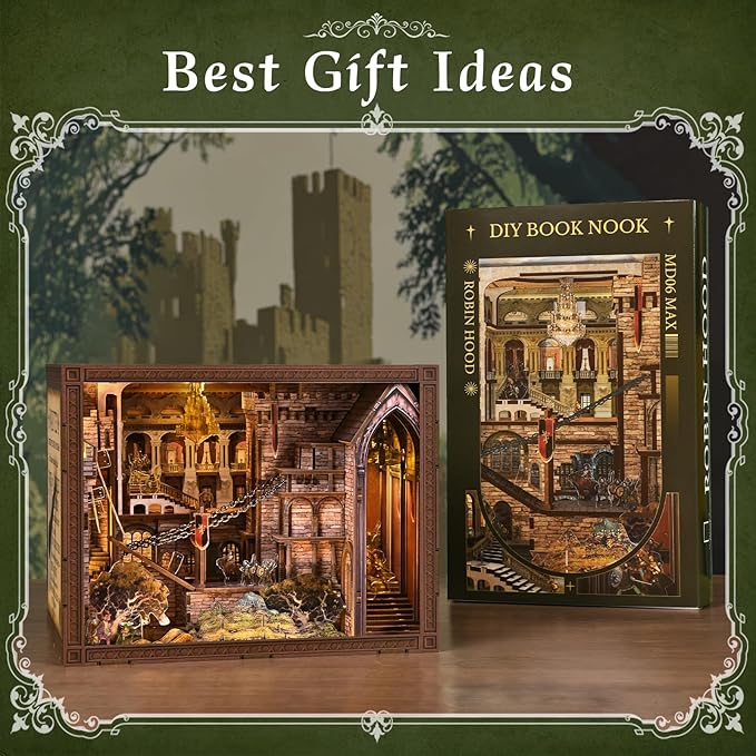 Book Nook Kit - 351 Pcs Wooden Miniature Kit with LED Lights Dust Cover &amp Medieval Details (Robin Hood)