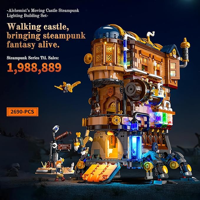 Mecha-Alchemist's Moving Castle Lighting Building-Bricks Set 2690 Pcs Gearwerk Alchemy Lab Collection Display Set for Adults and Steampunk Lovers