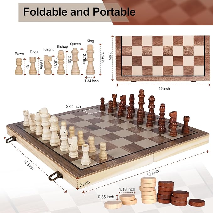 15 Inch Wooden Chess SetsChess &amp Checkers Set with 2 Extra QueensFoldable Wooden Chess Set Board for AdultsHandmade Portable Chess Board Game for Familly Travelling Gift