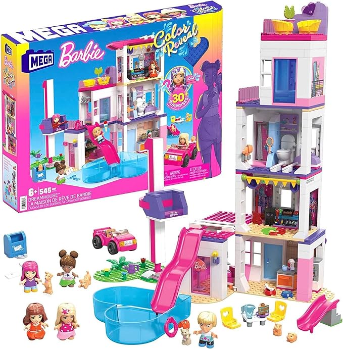 MEGA Barbie Color Reveal Building Toys Set DreamHouse with 545 Pieces 5 Micro-Dolls 6 Pets and Accessories 30 + Surprises Kids Ages 6+ Years