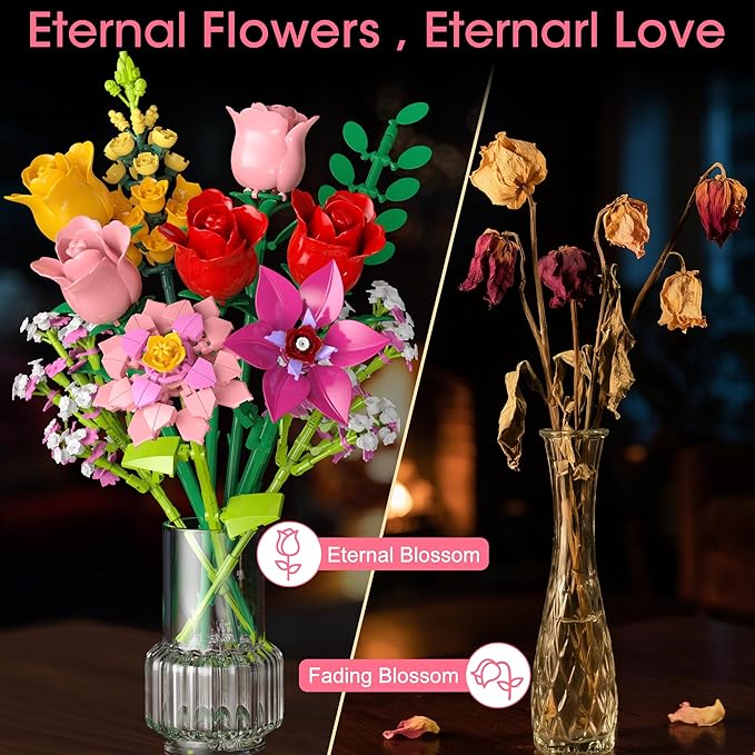Flowers Bouquet Building Set 765PCS Wildflower Botanical Collection Kit Artificial Plant Floral Toy for Adults Women Kids Girls Home Office Decor Gift for Christmas Valentine's Day Mother's Day