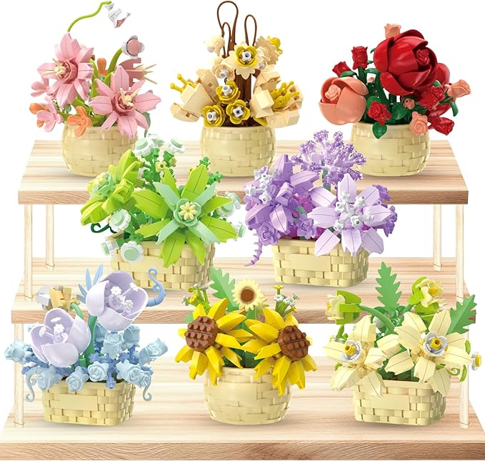 8 Pieces Flower Block Set Plant and Succulent ToysBirthday Gift for Women and Girls As a Decoration or Adult Block Toy