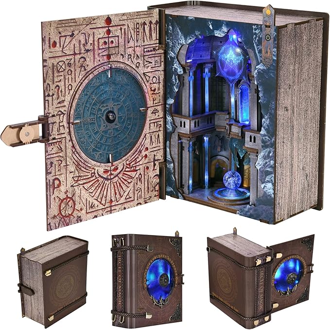 Book Nook Kit with LED Light Miniature House Kit for Birthday 3D Wooden Bookends Puzzle Bookshelf Decor for Adults Teens Beginners (Circle of Magic)