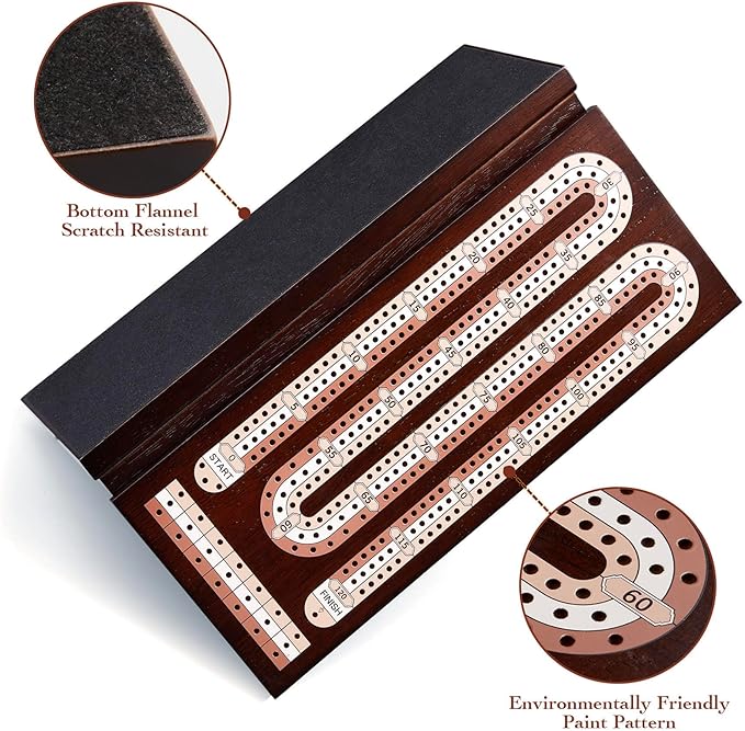 AMEROUS Wooden Cribbage Board Game Set with Magnetic Lock / 9 Metal Pegs / 2 Decks of Playing Cards/Larger Storage Area/Instruction Classic Tabletop Game for Family (3 Track Board)