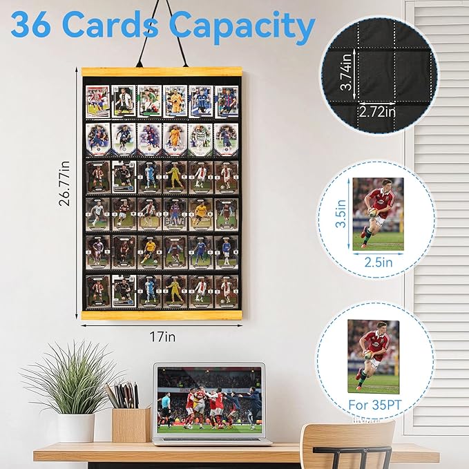36 Cards Display Case - 35PT Graded Sports Card Frame - with PVC Protection &amp Clear View for Baseball Football Basketball Trading Card Wall Display Natural