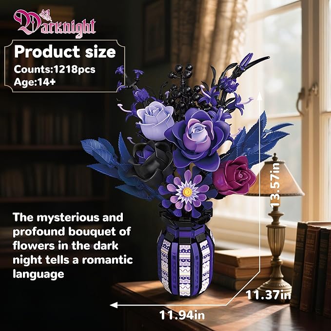 Roses Building Set Flowers Bouquet with Vase Purple Compatible with Lego Botanical Collection for Adults Women Girls Gothic Home Decor