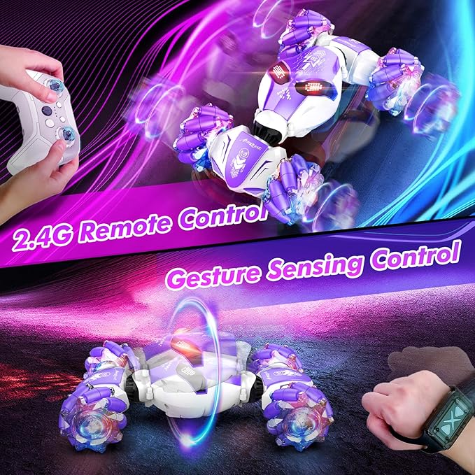 Gesture Sensing RC Stunt Car 4WD Hand-Controlled 2.4GHz Remote Control Drift Cars for Boys Girls Age 6-8-12 All-Terrain Off-Road Twist Toy Cars with Lights Music for Birthday Gifts(Purple)