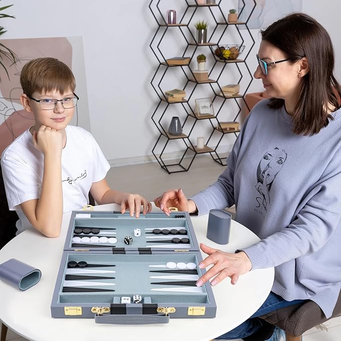 Backgammon Set 2 Players Classic Backgammon Sets for Adults Board Game with PU Leather Case Portable and Travel Backgammon Set (Grey 18inch)