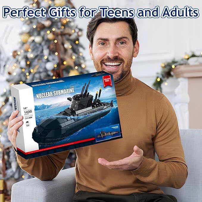 Nuclear Submarine Building Block Toy Set – WW2 Military Battleship Model with Lights Ideal Gift for Boys Teens &amp Adults Great for Home or Office Decor - 1498 PCS