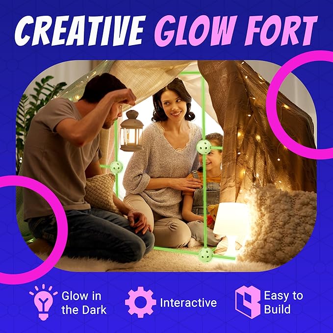 Playbees Glow in The Dark Fort Building Kit – 130 PCS STEM Toy for Kids Ages 4–12 – Build Tents Castles &amp Rockets – Creative Building Set &amp Great Gift