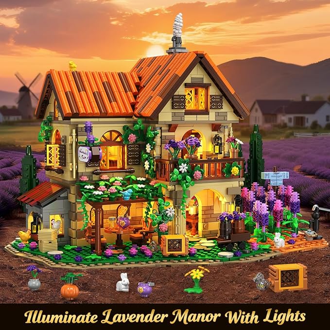 Lavender Manor House Building Set with Lights 1960 PCS Lavender Estate Construction Model Home Decor Romantic Lavender Flowers Cottage Building Block Kit Gift for Adults Teens Boys Girls 12+