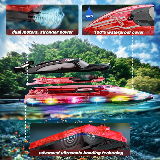 RC Boat for Kids with LED Lights 2.4Ghz Remote Control Racing Boats for 8-12Toy Water Boat for Pools &amp Lakes with WaterproofRechargeable Battery for Boys Girls RED