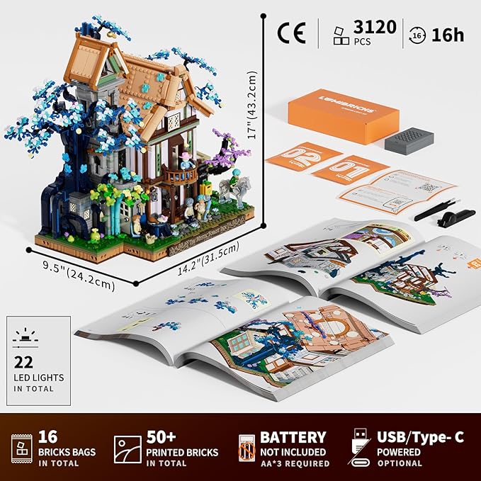 Sylvan-Inn Treehouse Lighting Building-Bricks-Set - 3120 Pcs Elf Hotel Cabin Collection Tree House LED Light Set for Adults and Retro House Collectors