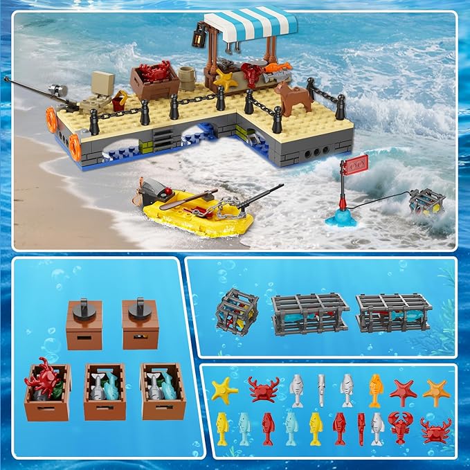 City Fishing Boat Wharf Building Set - Floatable Sea Fishing Ship Building Block Kit with Speedboat Crane Containers Exploration Boats Toy Birthday Gift for Kids Boys Girls 6 7 8 9 10+ 762PCS