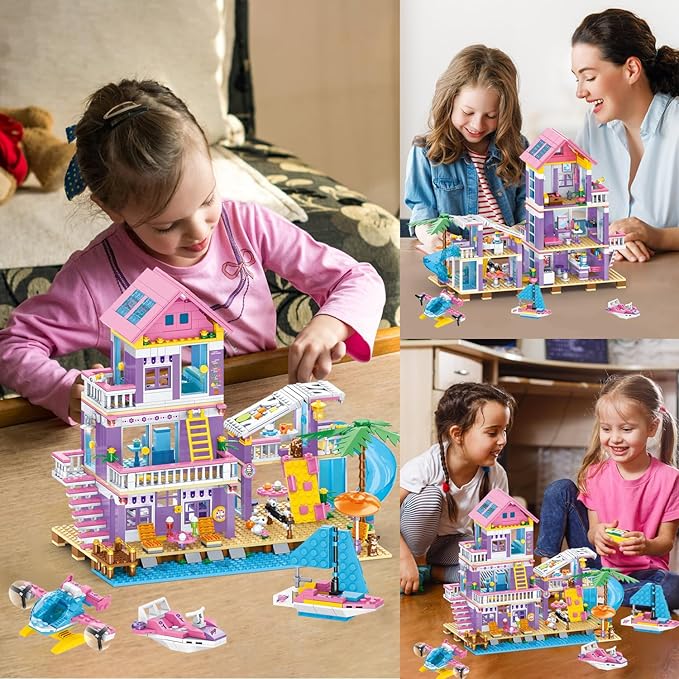 955 Piece Beach House Building SetSeaside Beach Villa Building Toys Friends Vacation Hut Blocks SetSTEM BuildingToys with HelicopterYachtSailboatChristmas Birthday Gift for Girl Age 6-12+