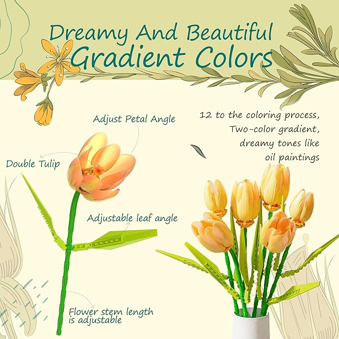 Flower Bouquet Building Toy Set Tulips Botanical Building Blocks for Adults Home Office Decor Orange Color