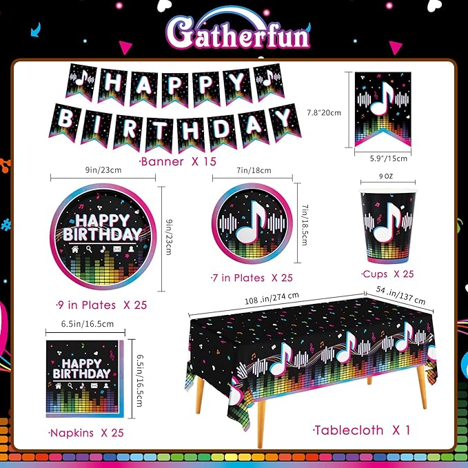 Music Party Supplies Disposable Paper Plates Napkins Cups Tablecloth and Banner for Girls Boys Music Party Birthday Decorations Serve 25.
