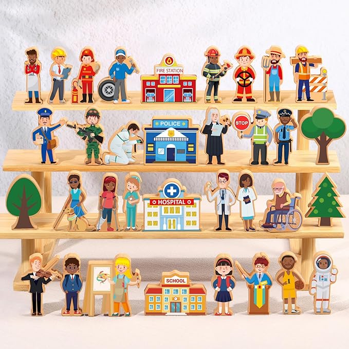 Blosssound 40 Pcs Wooden Community Helpers for Kids Little Occupations Figures Play Toys Wooden Blocks Multicultural Career Preschool Classroom Educational Supplies Birthday Gifts