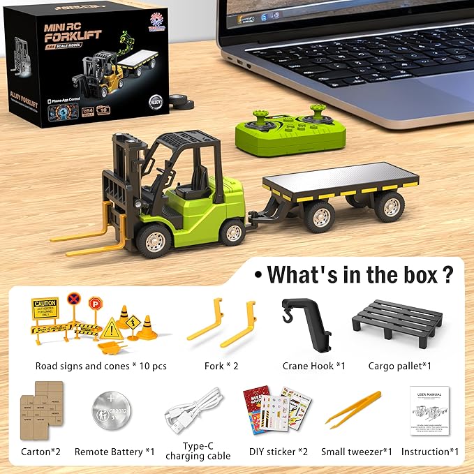 Mini RC Forklift Toy 3 in 1 Remote Control Forklift Trailer 10 Channel Mini Forklift Remote Control with Liftable Fork &amp Hook 1/64 Desktop RC Construction Vehicles for Adults Kids Boy Gift