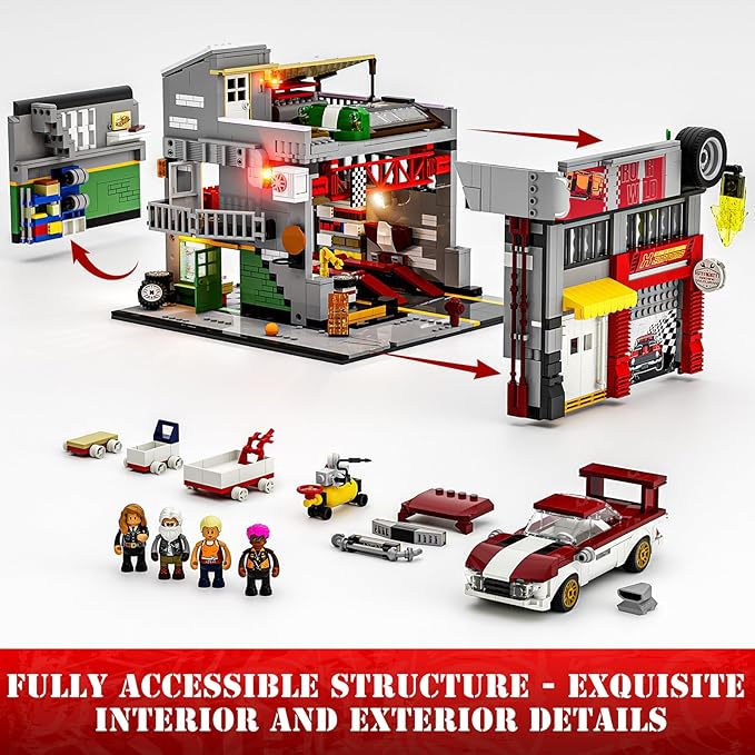 Street MOD Garage Lighting Building Bricks Set - Street Fusion City Car Modification Shop Modular Building Collection Kit 1935 Pcs for Adults &amp Teen &amp Car Lovers