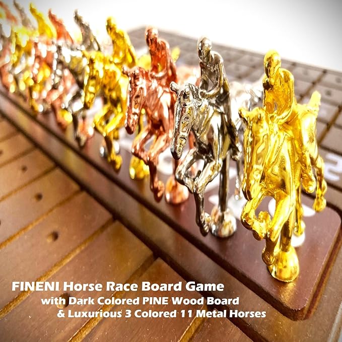 Horse Racing Game for Adults Horse Race Board Game with 11 Luxurious Metal Horses (Silver Black Rose Gold) 22” Dark Pine Wood Horse Race Game Board Dice &amp Card Included (Dark Color)