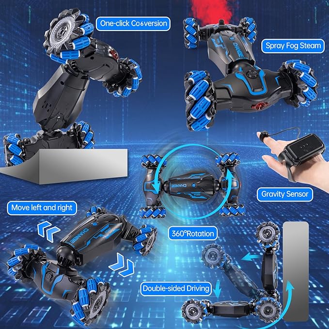 4WD Remote Control Gesture Sensor Car Double-Sided Rotating 360° Flips Drift with Lights Music RC Stunt Twist Car Birthday Presents for 6-12 Kids (Blue)