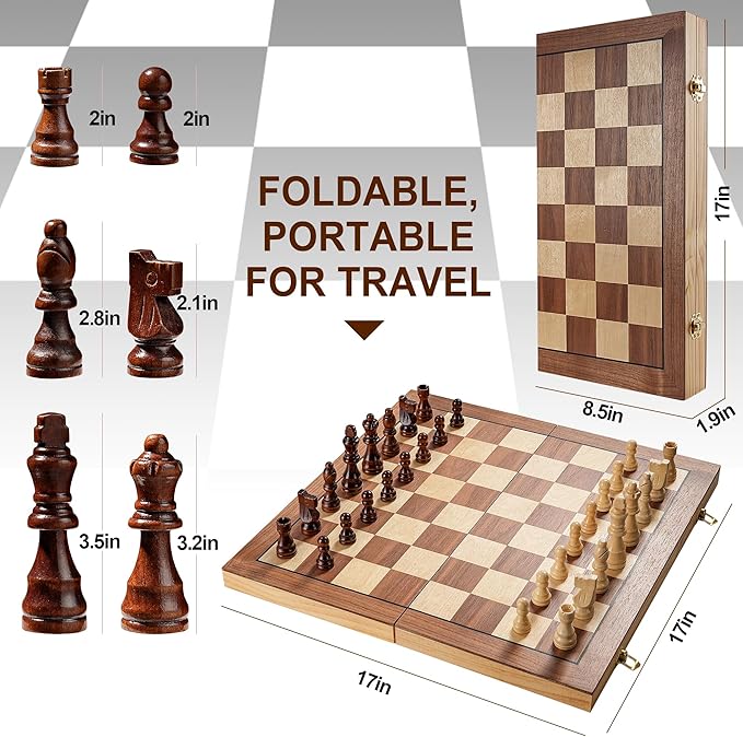 17 Inch Large Chess Set for Adults &amp Kids Foldable Wooden Chess Board for Kids Portable Magnetic Chessboard Game for Adults