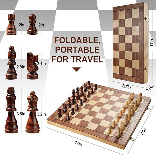 17 Inch Large Chess Set for Adults &amp Kids Foldable Wooden Chess Board for Kids Portable Magnetic Chessboard Game for Adults