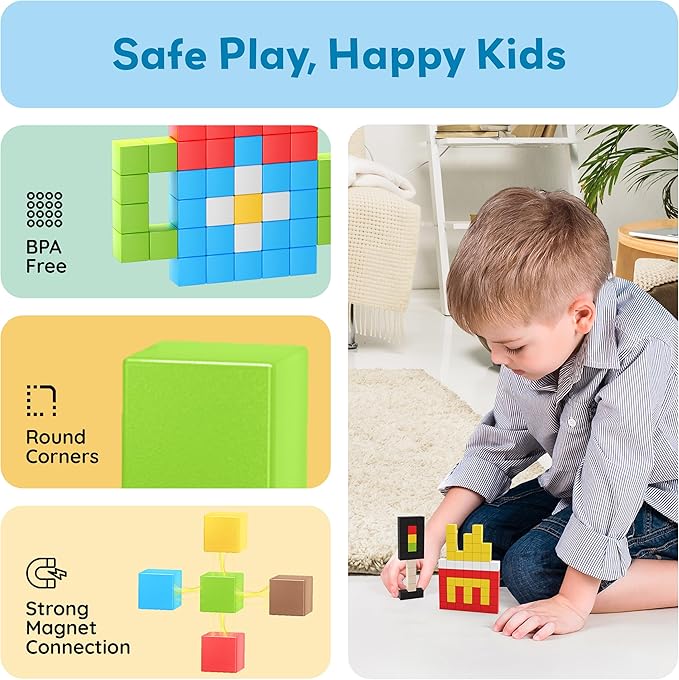 PicassoTiles 100pcs 0.5” Pixel Magnetic Puzzle Cube Mix &amp Match Cubes Sensory Toys STEAM Education Learning Building Block Magnets Children Construction Toy Set Stacking Magnet Creative Kit PMC100