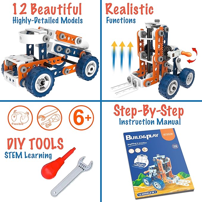 MOBIUS Toys 12-in-1 STEM Construction Kit - 152-Piece Building Set for Kids Ages 4-12 - Educational Engineering Toy for Boys &amp Girls to Build Cars Trucks Motorcycles &amp More Creative Learnin