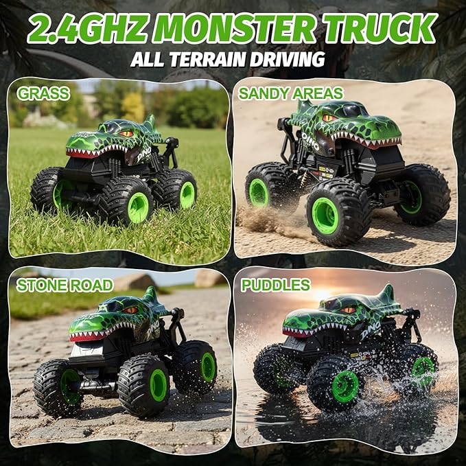 Gohero Monster Truck Toys for Kids 1:20 Dinosaur Toys RC Car Truck with 360° Spins &amp Drifting 2.4GHz All-Terrain Monster Trucks for Boys Age 4-7 | with LED Light Music &amp 2 Rechargeable Batt