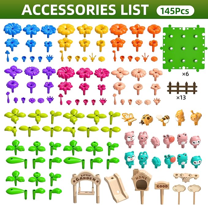 145 Pcs Toys for 3 Year Old GirlToddler Gardening Set Flower Garden Toy Girls Building Sets Best Educational Learning Fine DIY Crafts Stem Construction Stacking Kitfor 3 4 5 6 7 Years Kids