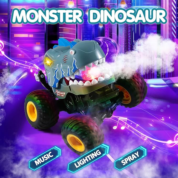 DYODYORC Remote Control Car 2.4Ghz All Terrain Dinosaur Monster Truck Toys RC Truck with Spay Music 360 Stunt Capable All Included Ready to Run Toy Gifts for Boys and Girls (Gray)