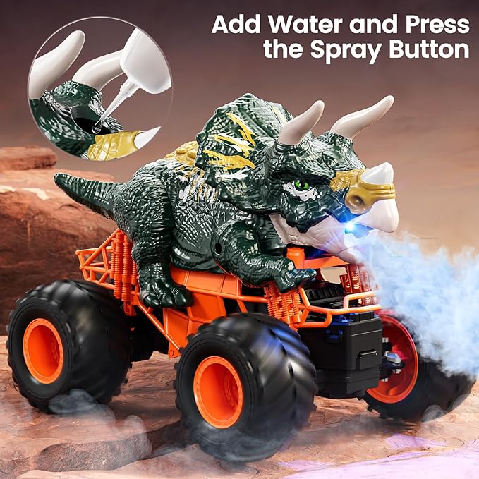 Remote Control Dinosaur Car for Kids Boys Electric Monster Truck with Spray Light Sound Indoor Outdoor All Terrain Off Road RC Car Toys for Kids 3 4 5 6 7 8-12 Year Old Boys Girls Birthday Gift