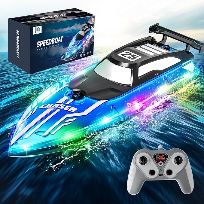 RC Boat for Kids with LED Lights 2.4Ghz Remote Control Racing Boats for Ages 8-12Toy Water Boat for Pools &amp Lakes with WaterproofRechargeable Battery for Boys Girls Blue