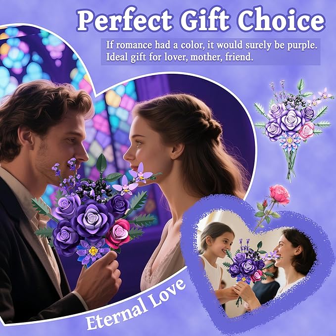 Purple Roses Flower Bouquet Building Sets 834PCS Artificial Flowers Botanical Collection Compatible with Lego Flowers for Adults Gothic Decor Valentines Day Gifts for Her Women Wife Girlfriend Mom