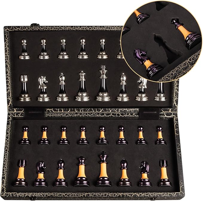 Chess Set 16 Wooden Foldable Black White Chess Board 3.5 Luxury Weighted Acrylic Chess Pieces with Storage Slots for Adults Children Gift Large