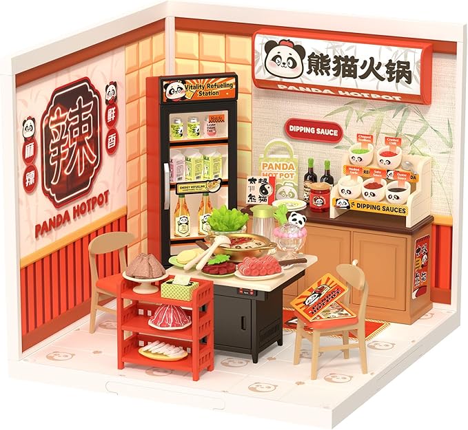 Rolife Super Creator DIY Miniature Plastic House Building Set Playset with LED Suitable for Mini Figures Construction Toys Diorama Kit Gifts for Teens Adults (Panda Hot Pot)