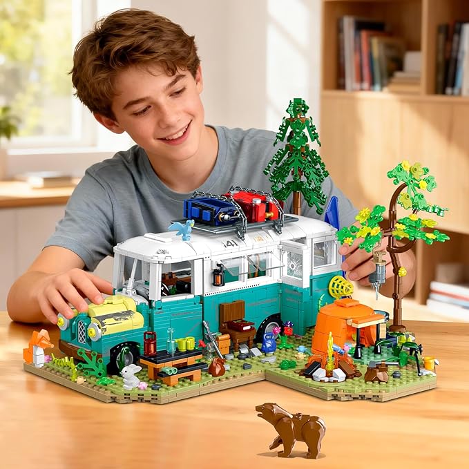 Wilderness Bus Building Set with Light 1392PCS Camping Building Toy Kit with Removable Bus Animals and Rich Accessories Creative Home Decor &amp Display Xmas Birthday Gifts for Adults Teens