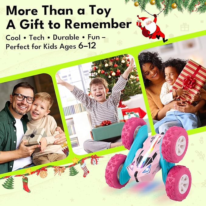 Threeking New Remote Control Car RC Flip Stunt Double Sided Driving Cars Toys for Girls Ages 6-12 USB-C Modular Batteries 4WD 360° Flips with Breathing Soft Lights Presents Gifts for Kids Pink
