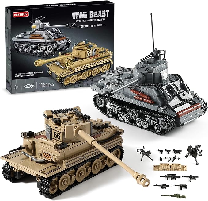 WW2 Army Tank Toys Building Kit Compatible with Lego Create a German Tiger &amp an American M4 Sherman Models with 1184 Blocks Great Military Toy Gifts for Boys Kids Age 8-14
