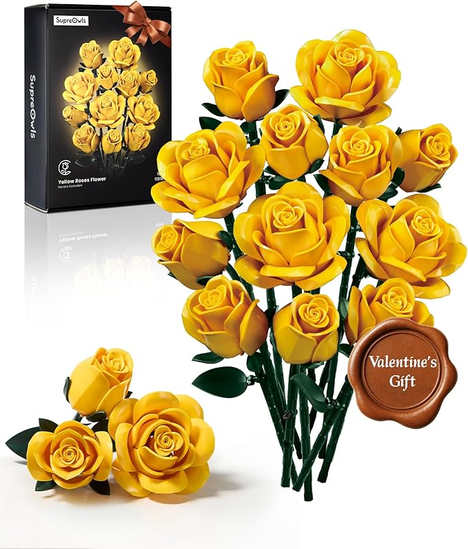 iATOM Yellow Rose Bouquet Building Set 12Pcs Flowers Botanical Collection Kit for Adults Valentine's Day Gift for Her/Girlfriend/Mom/Wife/Couple Modern Home Office Table Centerpiece Decor Aesthetic
