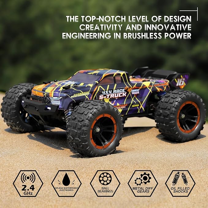 HAIBOXING Brushless RC Car 16890A 1/16 Scale 4X4 Fast Remote Control Truck 48 KM/H Top Speed Hobby RC Cars for Adults and Boys All Terrain Off-Road Truck with Spare Paddle Tires for Sand Land