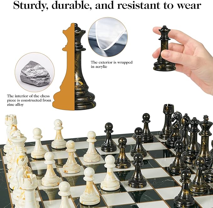 15 Large Chess Set for Adults with Extra 2 Queens Weighted Acrylic Pieces-3.5 King w/Leather Base Portable Folding Marbling Wooden Chess Board - Travel/Family Game &amp Elegant Gift