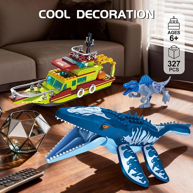 3 in 1 Sea Dinosaur Building Blocks Kit Set Compatible with Lego Dinosaur World Park Spinosaurus Mosasaurus Discovery Crossing Ocean World Building Set Boat STEM Toys Gift Kids Adults Boys Age 8-12