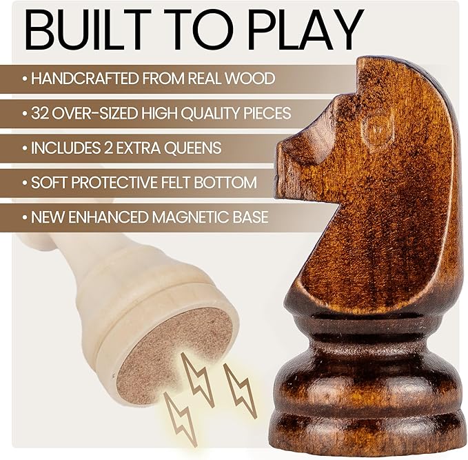 17 Magnetic Wooden Chess Set - Large Folding Portable Travel Chess Board - Hand Carved Pieces - Foam Storage Slots - 2 Extra Queens - Tournament and Beginner Play - Adults and Kids