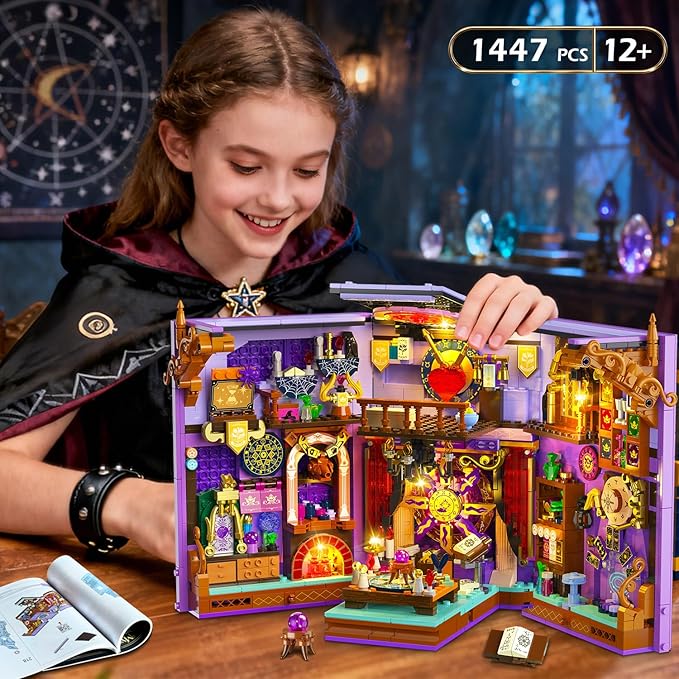 Upgraded Mystic Divination Book Nook Building Set with Rechargeable Lights 1447 PCS DIY Magic Booknook Building Block Kit Home Decor Miniature Book House Model Gift for Adults Boys Girls 12+