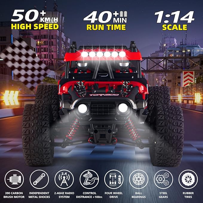RC Cars 1:14 Remote Control Car 50 KMH Fast RC Truck for Kids Adults Boys 2.4 GHz All Terrains 4WD RC Dune Buggy Off-Road RC Monster Truck Short Course Car with 2 Batteries (Red)
