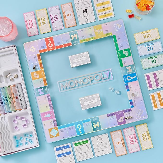 WS Game Company Monopoly Aura Edition Iridescent Tempered Glass Board Crystal-Clear Acrylic Houses Metallic Tokens Foil Cards &amp Tray Family Board Games for 2-6 Players Ages 8+